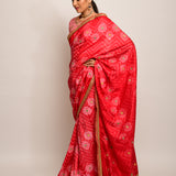 Floral Chevron Embroidered Shibori Red Saree with Peach Blouse