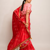Floral Chevron Embroidered Shibori Red Saree with Peach Blouse