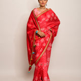 Floral Chevron Embroidered Shibori Red Saree with Peach Blouse