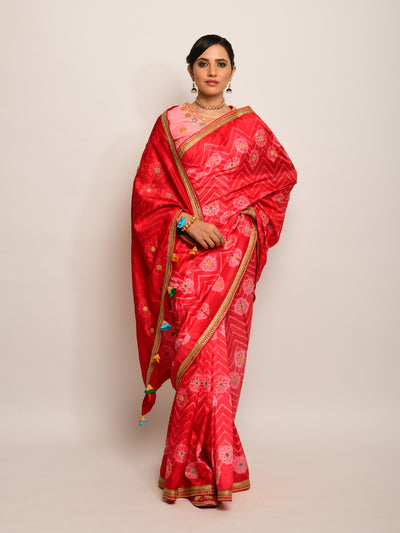 Floral Chevron Embroidered Shibori Red Saree with Peach Blouse