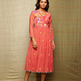Red Multi Applique Embroidered Chanderi Wrap Dress With Scallops