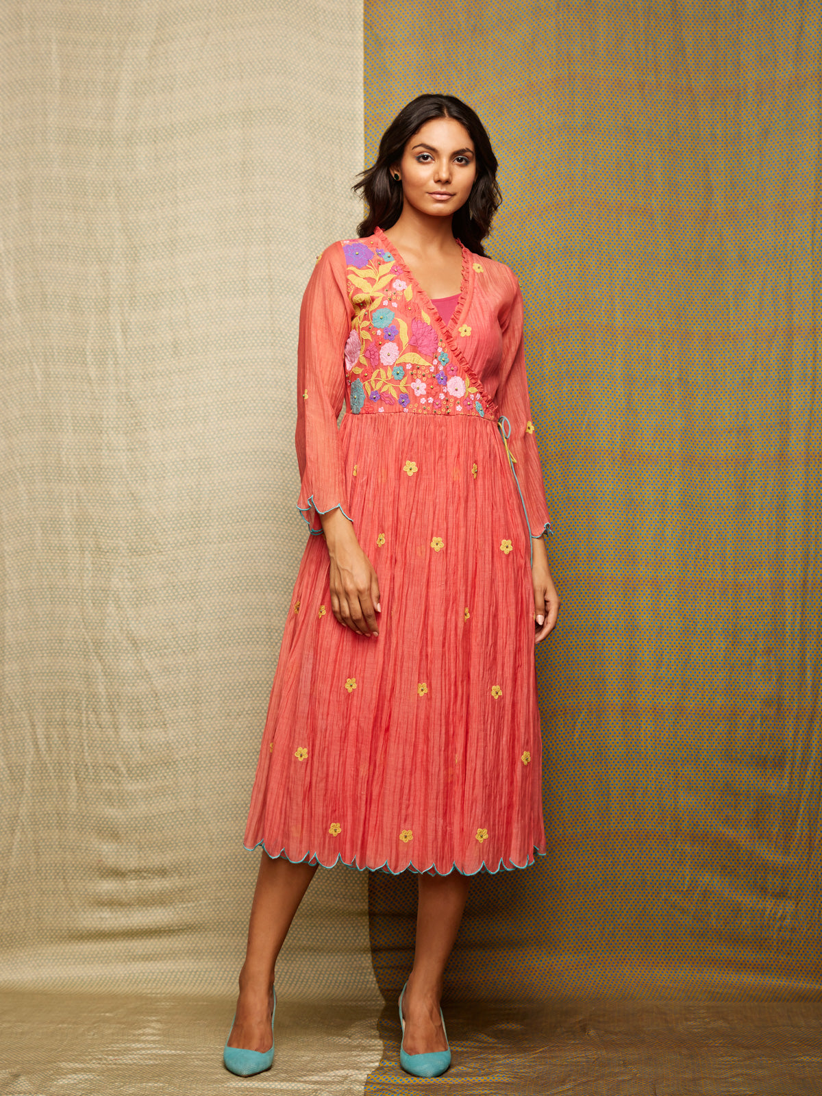Red Multi Applique Embroidered Chanderi Wrap Dress With Scallops