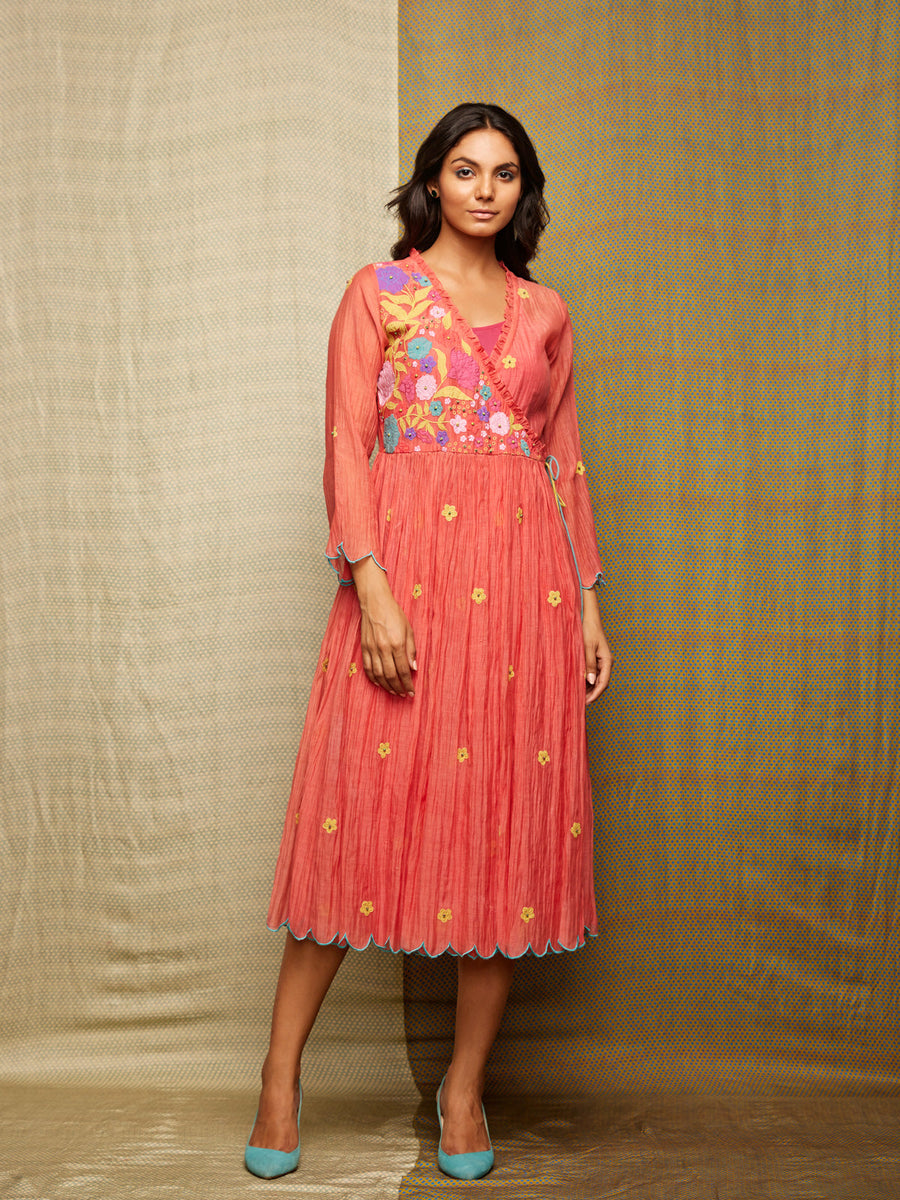 Red Multi Applique Embroidered Chanderi Wrap Dress With Scallops