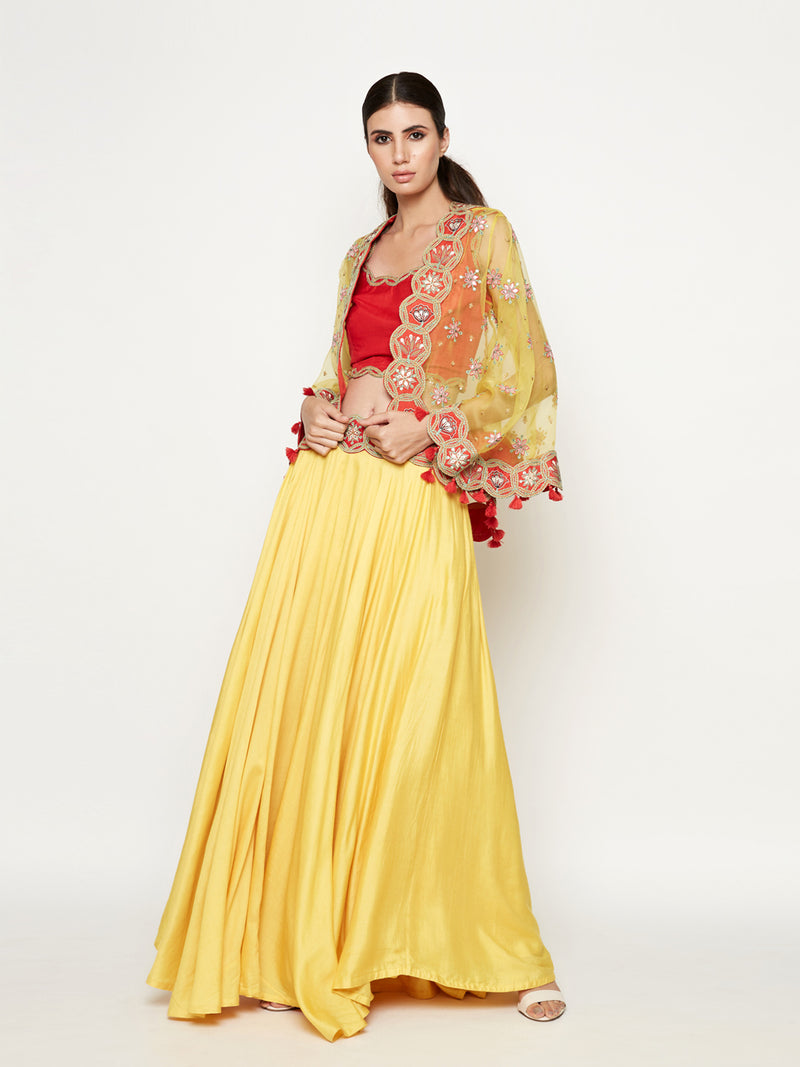 Yellow Lehenga with Top and Embroidered Cape
