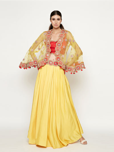Morbagh Yellow Lehenga With Top And Embroidered Cape