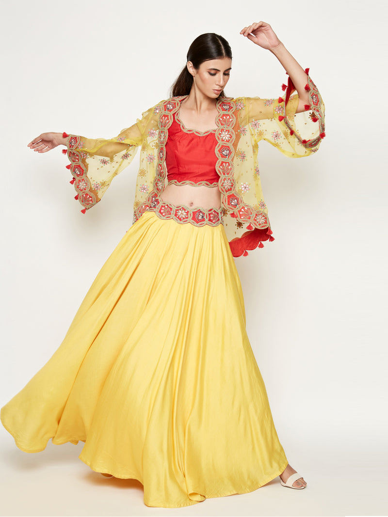 Yellow Lehenga with Top and Embroidered Cape
