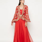 Morbagh Red Lehenga With Top And Embroidered Cape