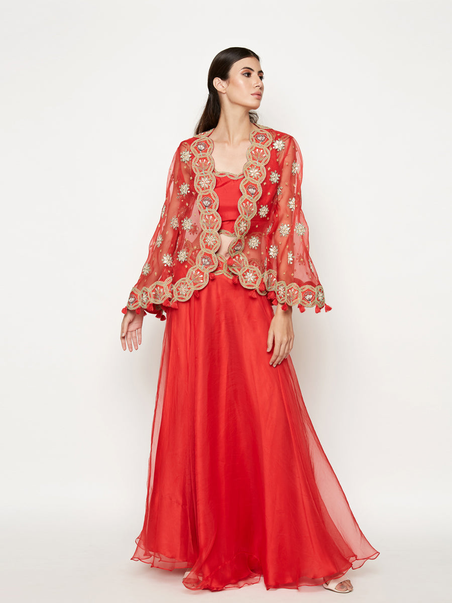 Morbagh Red Lehenga With Top And Embroidered Cape