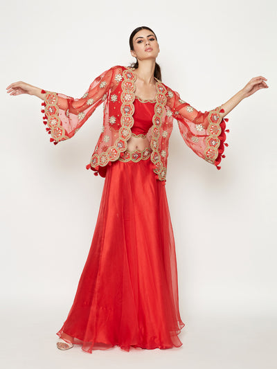 Morbagh Red Lehenga With Top And Embroidered Cape