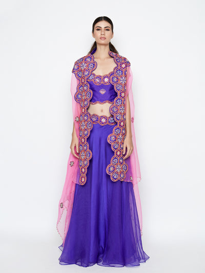 Morbagh Purple Lehenga With Top And Pink Embroidered Cape