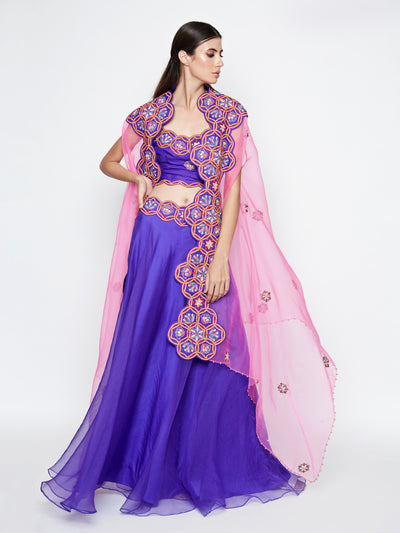 Morbagh Purple Lehenga With Top And Pink Embroidered Cape