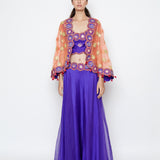 Morbagh Purple Lehenga With Top And Orange Embroidered Cape