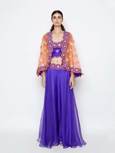 Morbagh Purple Lehenga With Top And Orange Embroidered Cape