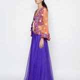 Morbagh Purple Lehenga With Top And Orange Embroidered Cape