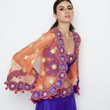 Morbagh Purple Lehenga With Top And Orange Embroidered Cape
