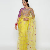 Yellow Organza Embroidered Saree With Blouse