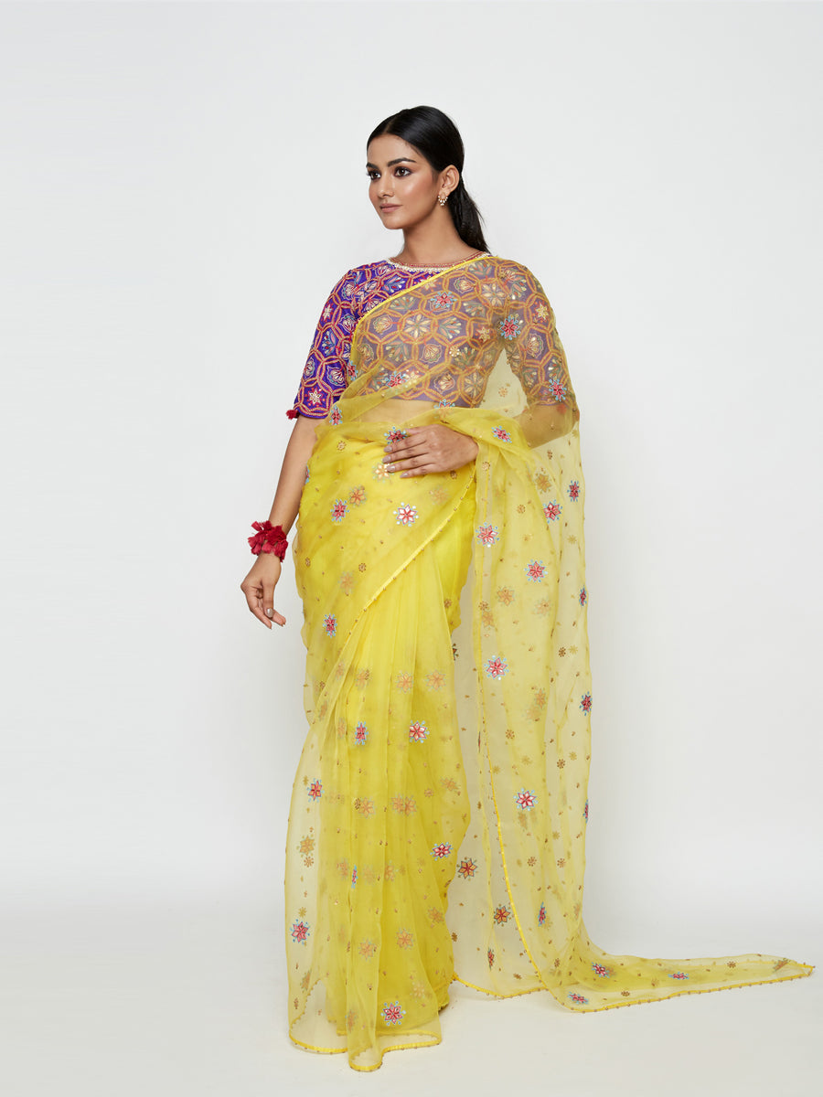 Yellow Organza Embroidered Saree With Blouse