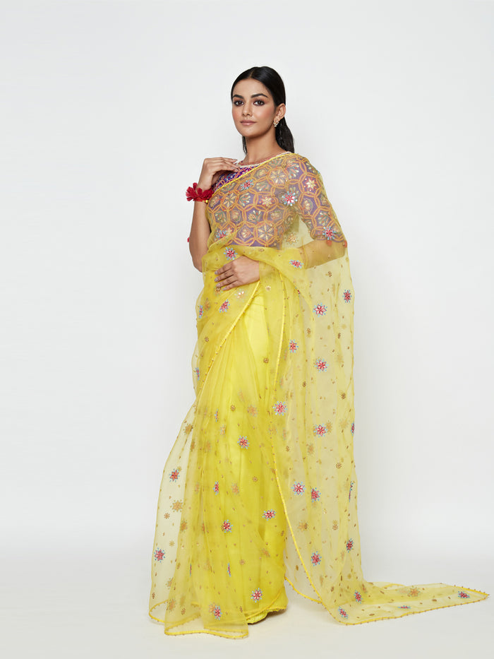 Yellow Organza Embroidered Saree with Blouse