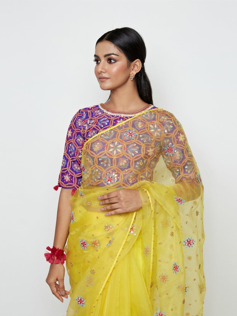 Yellow Organza Embroidered Saree with Blouse