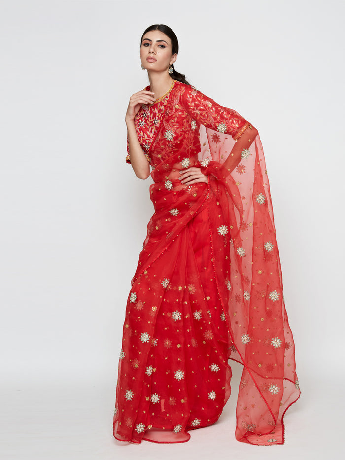 Red Organza Embroidered Saree with Blouse