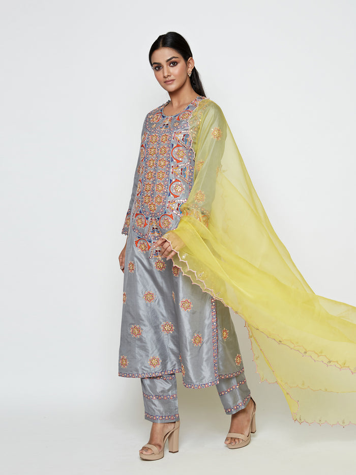 Morbagh Grey Embroidered Yoke Kurta, Pants and Dupatta