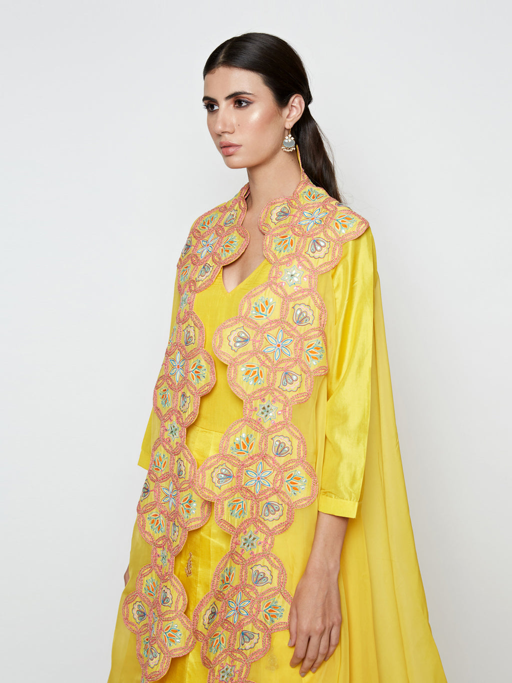 Yellow Pleated Dress with Yellow Embroidered Cape