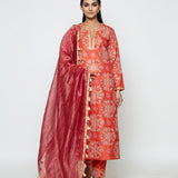 Kamal Rust Embroidered Heavy Kurta, Pants And Dupatta
