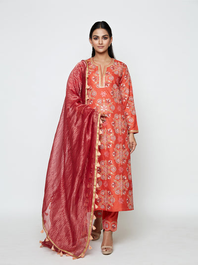 Kamal Rust Embroidered Heavy Kurta, Pants And Dupatta