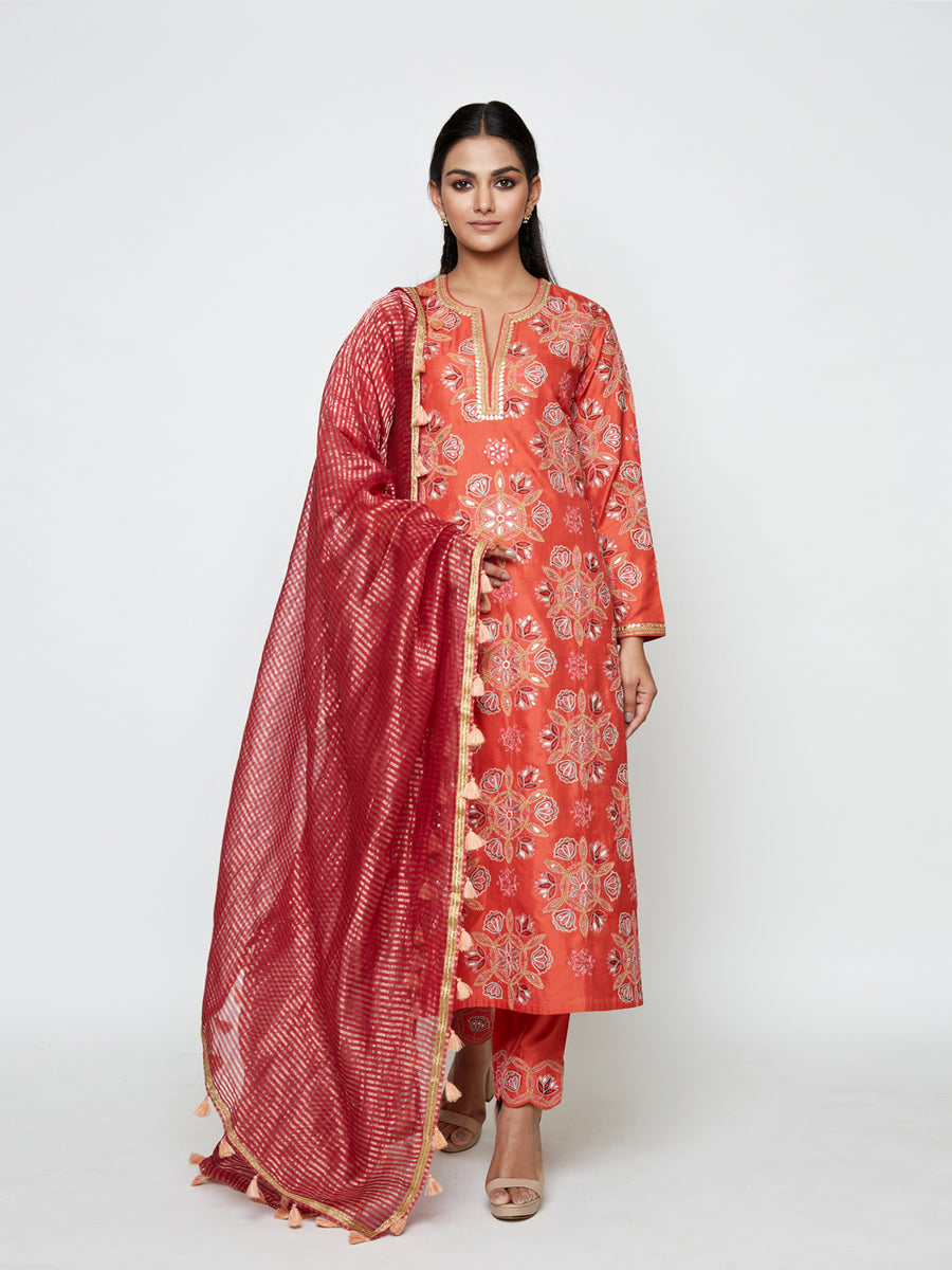 Kamal Rust Embroidered Heavy Kurta, Pants And Dupatta