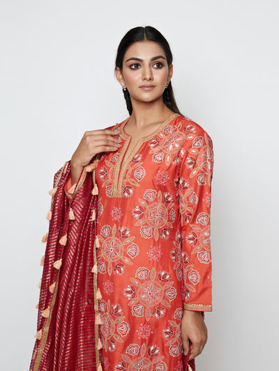 Kamal Rust Embroidered Heavy Kurta, Pants And Dupatta