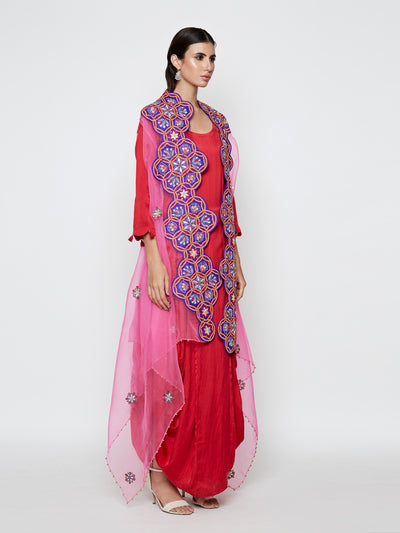 Morbagh Red Dhoti Dress With Pink Embroidered Cape