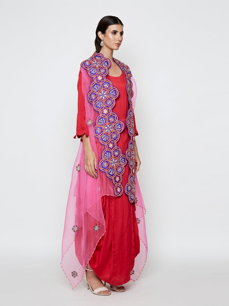 Red Dhoti Dress with Pink Embroidered Cape