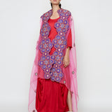 Morbagh Red Dhoti Dress With Pink Embroidered Cape