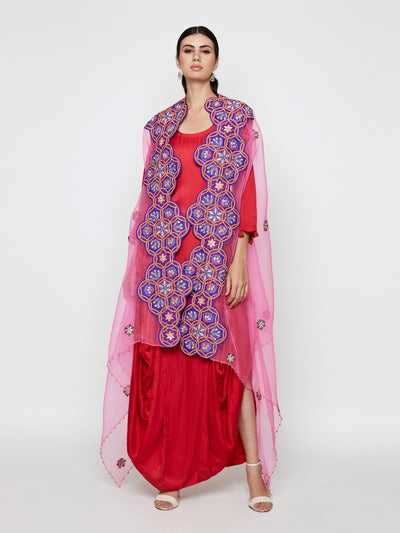 Morbagh Red Dhoti Dress With Pink Embroidered Cape