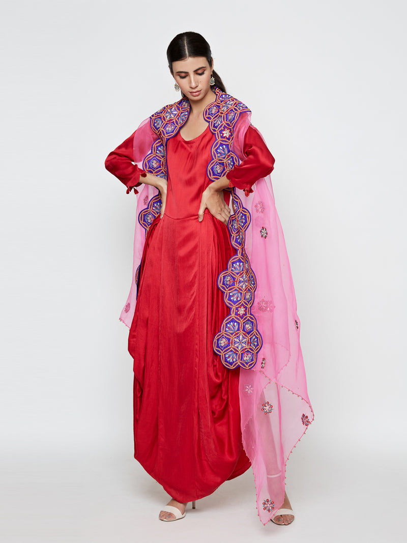 Red Dhoti Dress with Pink Embroidered Cape