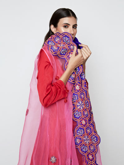 Morbagh Red Dhoti Dress With Pink Embroidered Cape