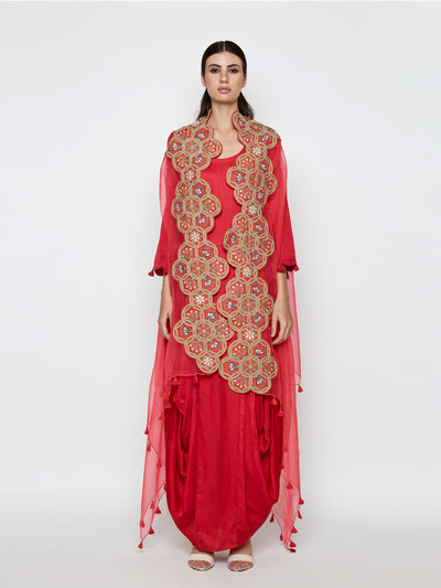 Morbagh Red Dhoti Dress With Red Embroidered Cape