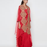 Morbagh Red Dhoti Dress With Red Embroidered Cape