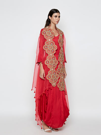 Morbagh Red Dhoti Dress With Red Embroidered Cape