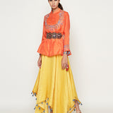Orange Embroidered Jacket with Asymmetrical Sunheri Chanderi Dress