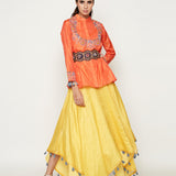 Orange Embroidered Jacket with Asymmetrical Sunheri Chanderi Dress