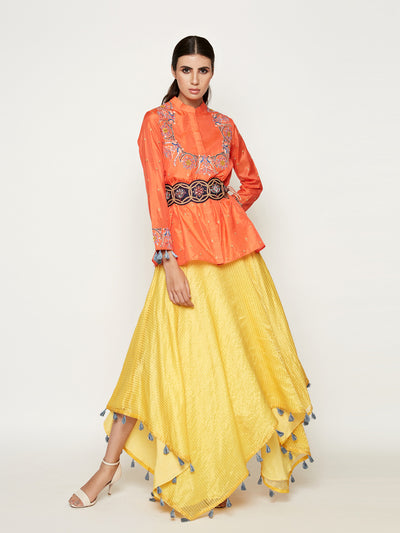 Orange Embroidered Jacket with Asymmetrical Sunheri Chanderi Dress