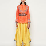 Orange Embroidered Jacket with Asymmetrical Sunheri Chanderi Dress