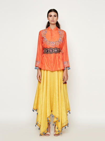 Orange Embroidered Jacket with Asymmetrical Sunheri Chanderi Dress
