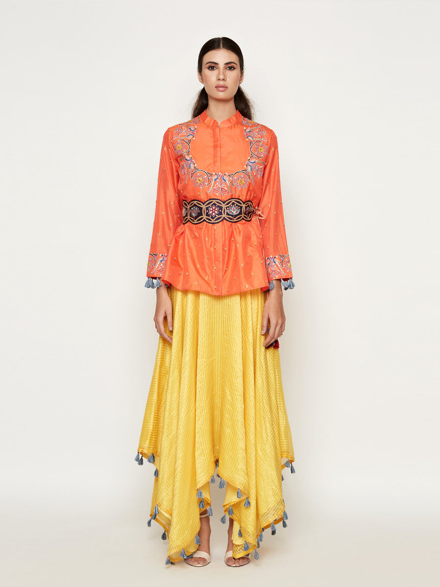 Orange Embroidered Jacket with Asymmetrical Sunheri Chanderi Dress