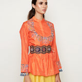 Orange Embroidered Jacket with Asymmetrical Sunheri Chanderi Dress