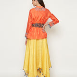 Orange Embroidered Jacket with Asymmetrical Sunheri Chanderi Dress