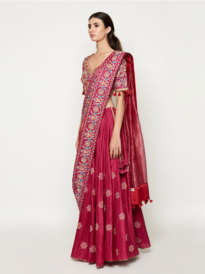 Magenta Embroidered Lehenga With Blouse And Dupatta