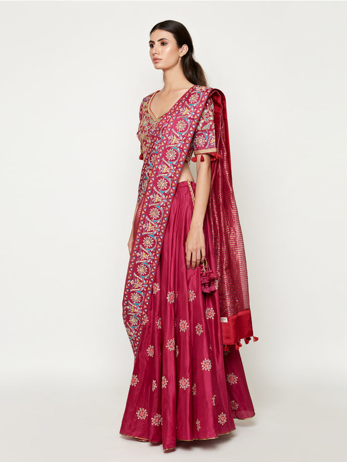 Magenta Embroidered Lehenga with Blouse and Dupatta