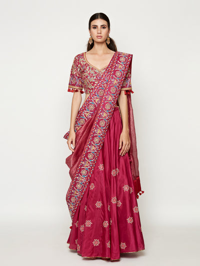 Magenta Embroidered Lehenga With Blouse And Dupatta